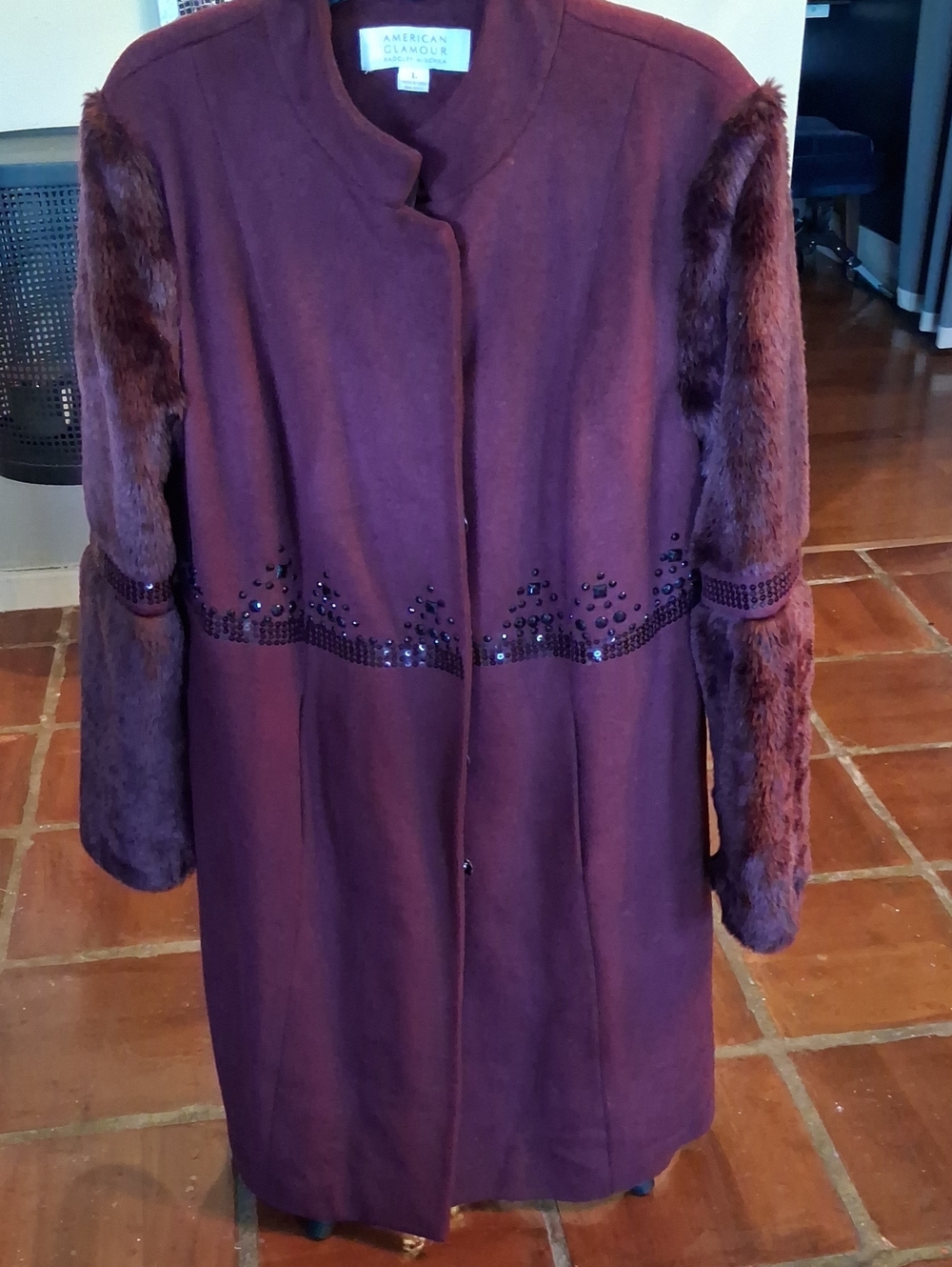 Badgley Mischka Deep Plum Trench Coat with Faux Fur Sleeves